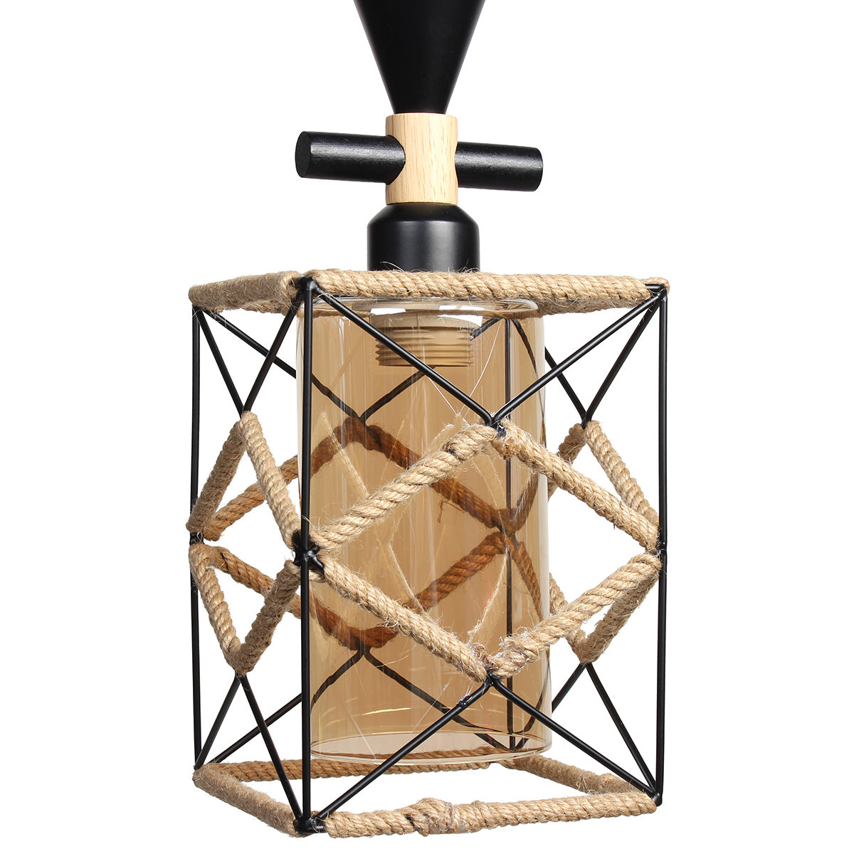 Φωτιστικό Μεταλλικό Κρεμαστό Μονόφωτο Ε27 15,5x15,5x33 εκ. Μαύρο με Σχοινί και Γυαλί