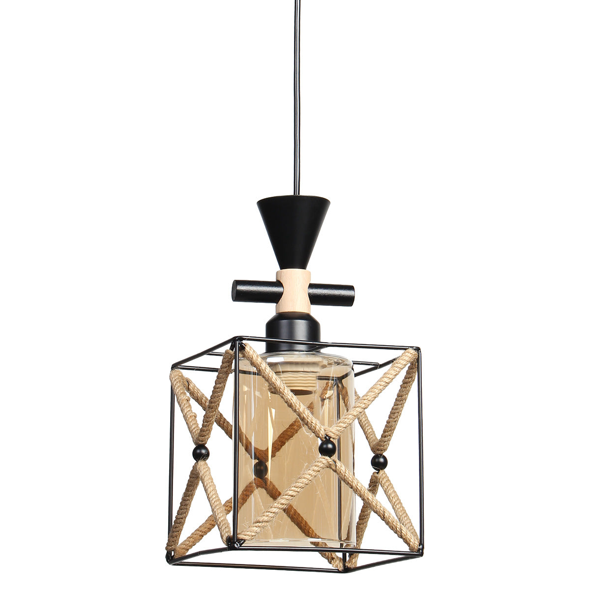 Φωτιστικό Μεταλλικό Κρεμαστό Μονόφωτο Ε27 16x16x29 εκ. Μαύρο με Σχοινί και Γυαλί