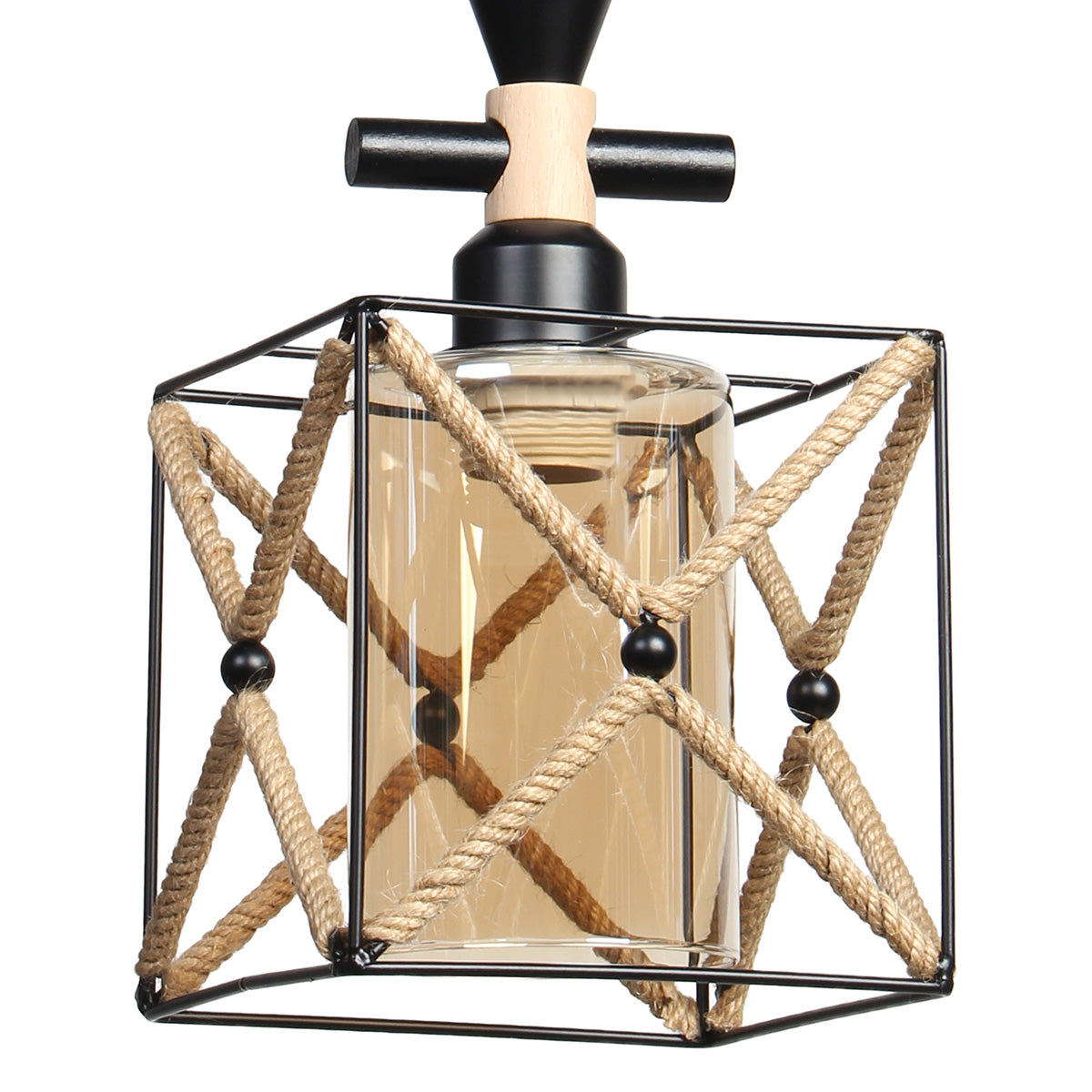 Φωτιστικό Μεταλλικό Κρεμαστό Μονόφωτο Ε27 16x16x29 εκ. Μαύρο με Σχοινί και Γυαλί