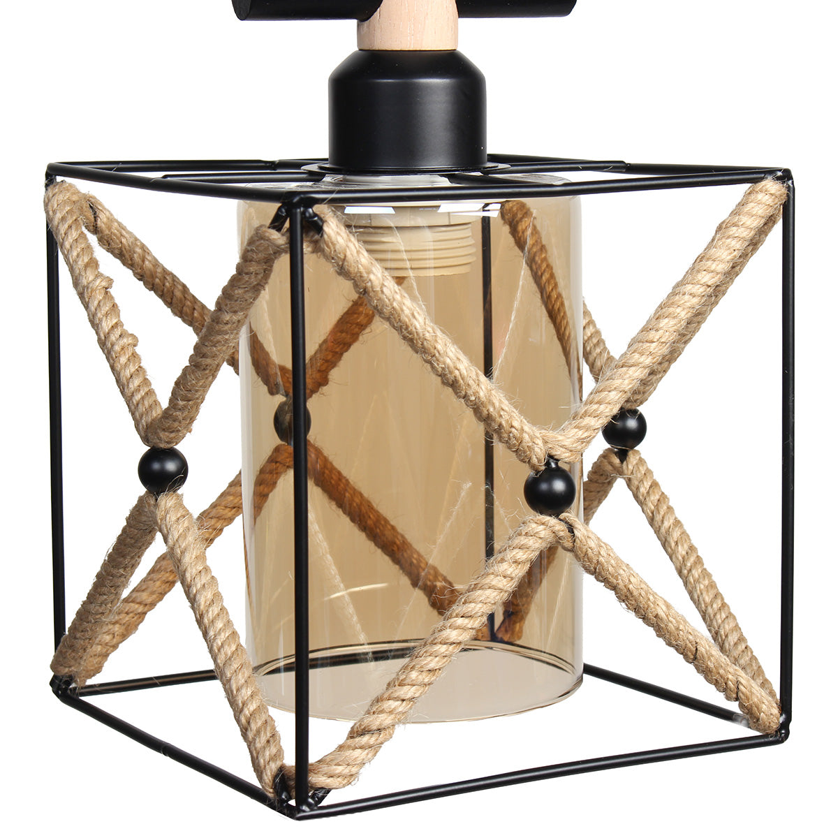 Φωτιστικό Μεταλλικό Κρεμαστό Μονόφωτο Ε27 16x16x29 εκ. Μαύρο με Σχοινί και Γυαλί