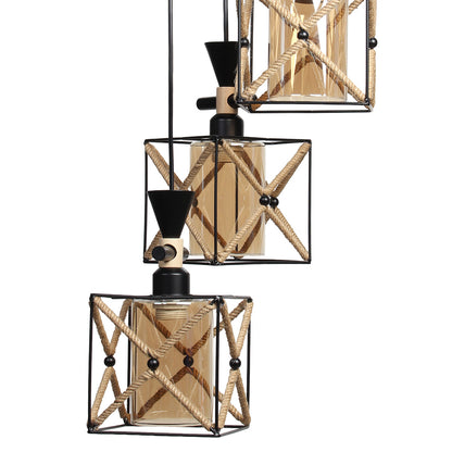 Φωτιστικό Μεταλλικό Κρεμαστό Άνισο 3 x Ε27 Φ23 εκ. Μαύρο με Σχοινί και Γυαλιά