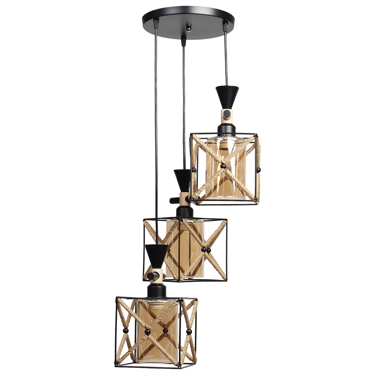 Φωτιστικό Μεταλλικό Κρεμαστό Άνισο 3 x Ε27 Φ23 εκ. Μαύρο με Σχοινί και Γυαλιά
