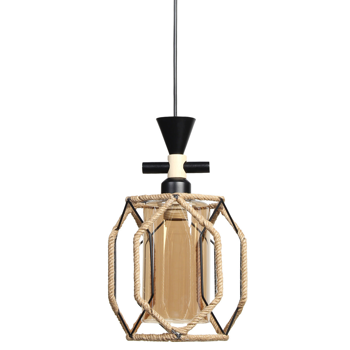 Φωτιστικό Μεταλλικό Κρεμαστό Μονόφωτο Ε27 19x16χ33 εκ. Μαύρο με Σχοινί και Γυαλί
