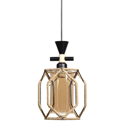 Φωτιστικό Μεταλλικό Κρεμαστό Μονόφωτο Ε27 19x16χ33 εκ. Μαύρο με Σχοινί και Γυαλί