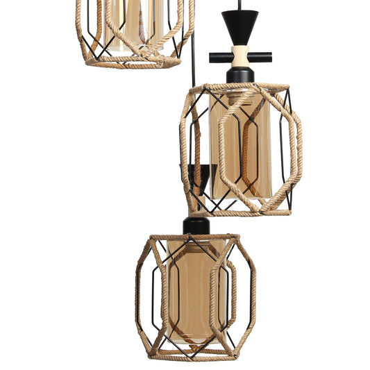 Φωτιστικό Μεταλλικό Κρεμαστό Άνισο 3 x Ε27 Φ23 εκ. Μαύρο με Σχοινί και Γυαλιά