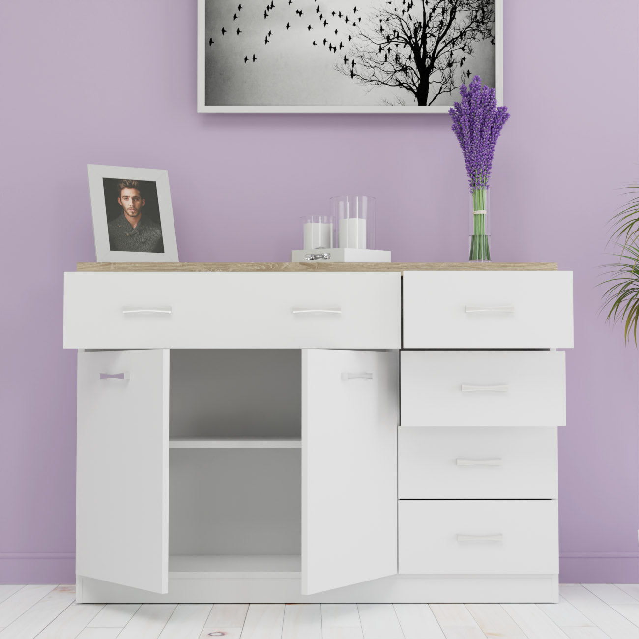 Μπουφές Top Mix Λευκό-Sonoma με 5 Συρτάρια 120x33x85