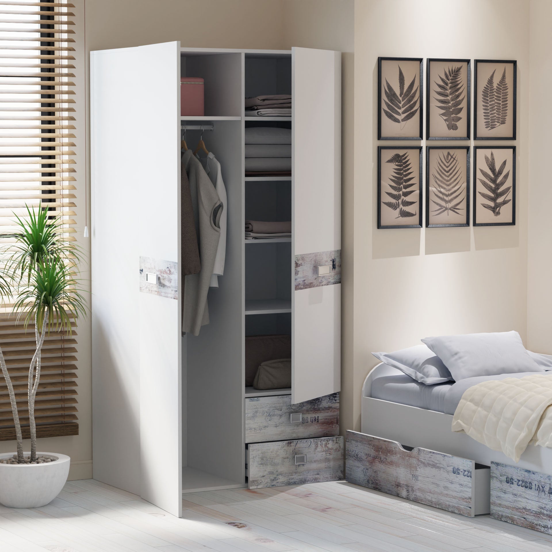 Ντουλάπα Δίφυλλη Pump 100x56x198 Λευκό-Λευκό Αντικέ