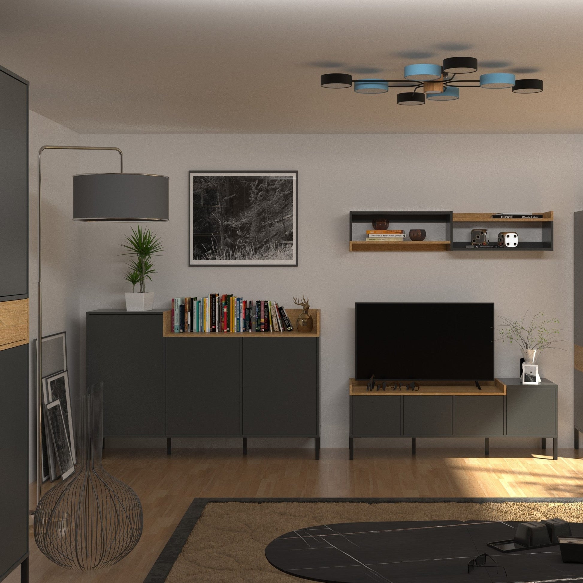 Έπιπλο Τηλεόρασης Beril Ανθρακί-Χρυσό Δρυς 138.6x42x49.8