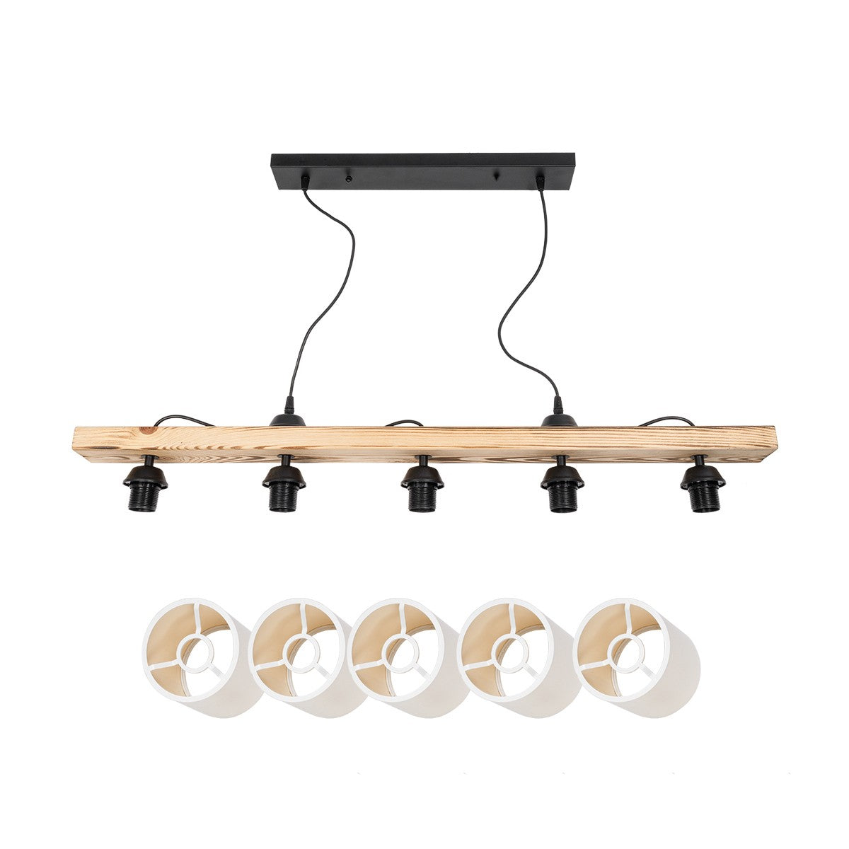 CUP 203-0054 Vintage Κρεμαστό Φωτιστικό Ράγα Πολύφωτο 5 x E27 IP20 Καρυδί Ξύλο Με Λευκό Καπέλο- Μ100 x Π15 x Υ73cm