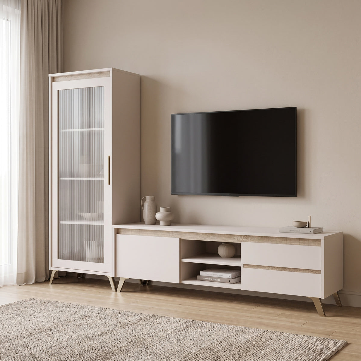 Σύνθετο Σαλονιού Belka Κρεμ με Oak 210,6x45x152,6