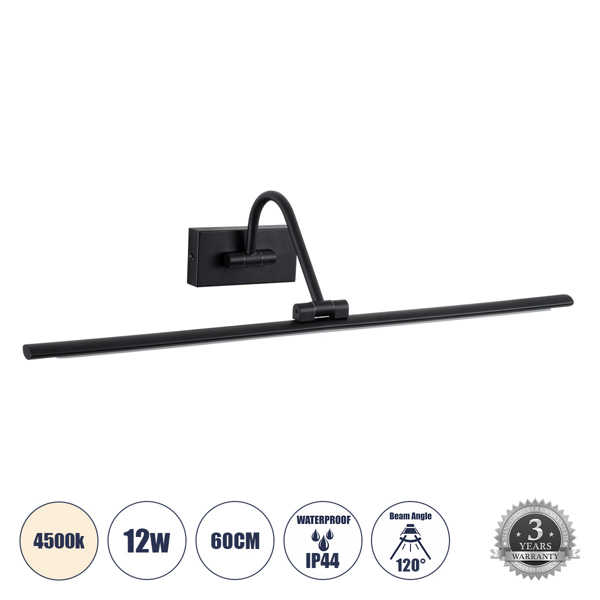 MIRA 60432 Μοντέρνο Φωτιστικό Τοίχου - Απλίκα Καθρέπτη Μπάνιου LED 12W 1400lm 120° AC 220-240V IP20 Φυσικό Λευκό 4500K - Bridgelux SMD Chip - Μαύρο Ματ - Μ60 x Π20 x Υ13