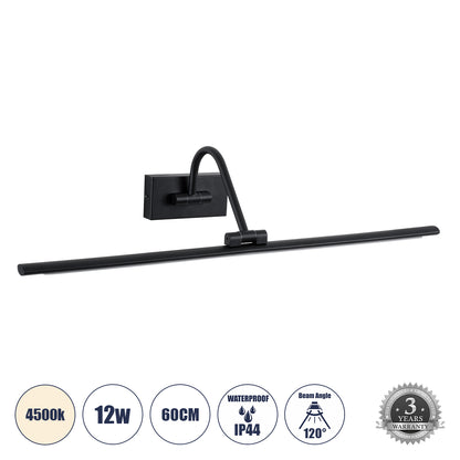 MIRA 60432 Μοντέρνο Φωτιστικό Τοίχου - Απλίκα Καθρέπτη Μπάνιου LED 12W 1400lm 120° AC 220-240V IP20 Φυσικό Λευκό 4500K - Bridgelux SMD Chip - Μαύρο Ματ - Μ60 x Π20 x Υ13