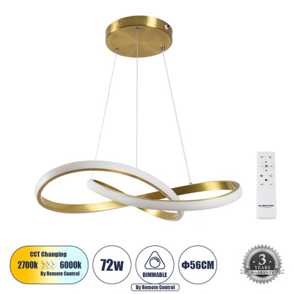 DEXTER 61051 Μοντέρνο Κρεμαστό Φωτιστικό Οροφής LED 72W 8064lm 300° AC 220-240V IP20 Ρυθμιζόμενο Λευκό CCT με Χειριστήριο από 2700K έως 6000K Dimmable - Lumileds SMD Chip - Χρυσό Βούρτσας - Μ56 x Π56 x Υ14