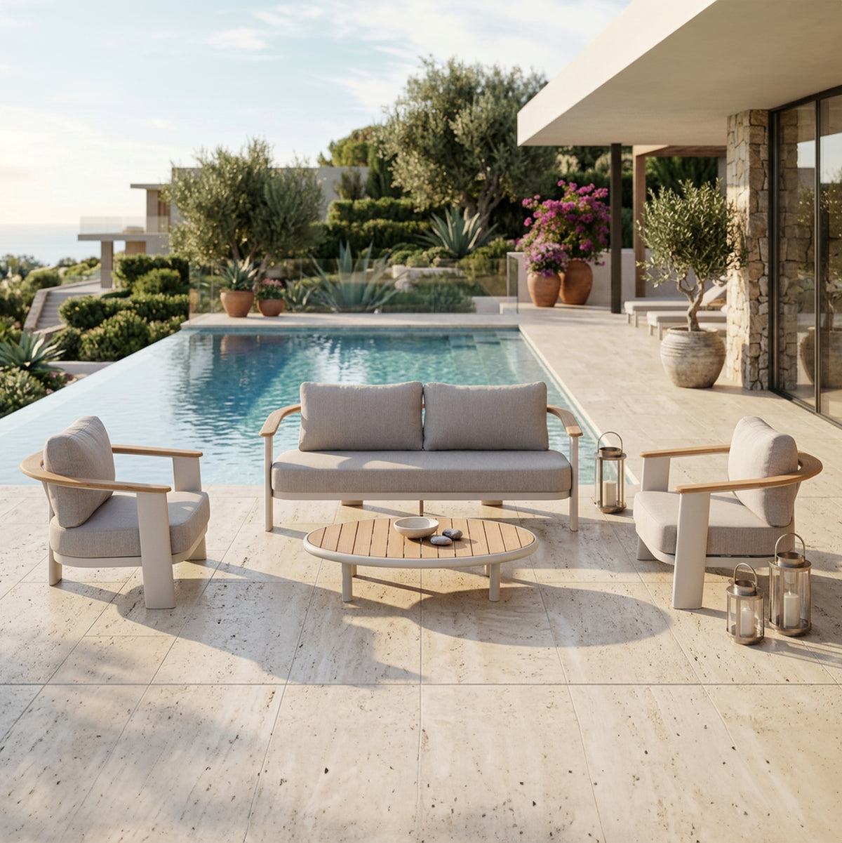 4-PIECE OUTDOOR LOUNGE SET ROMAN CREAM ALUMINUM BEIGE OLEFIN FABRIC TEAK WOOD