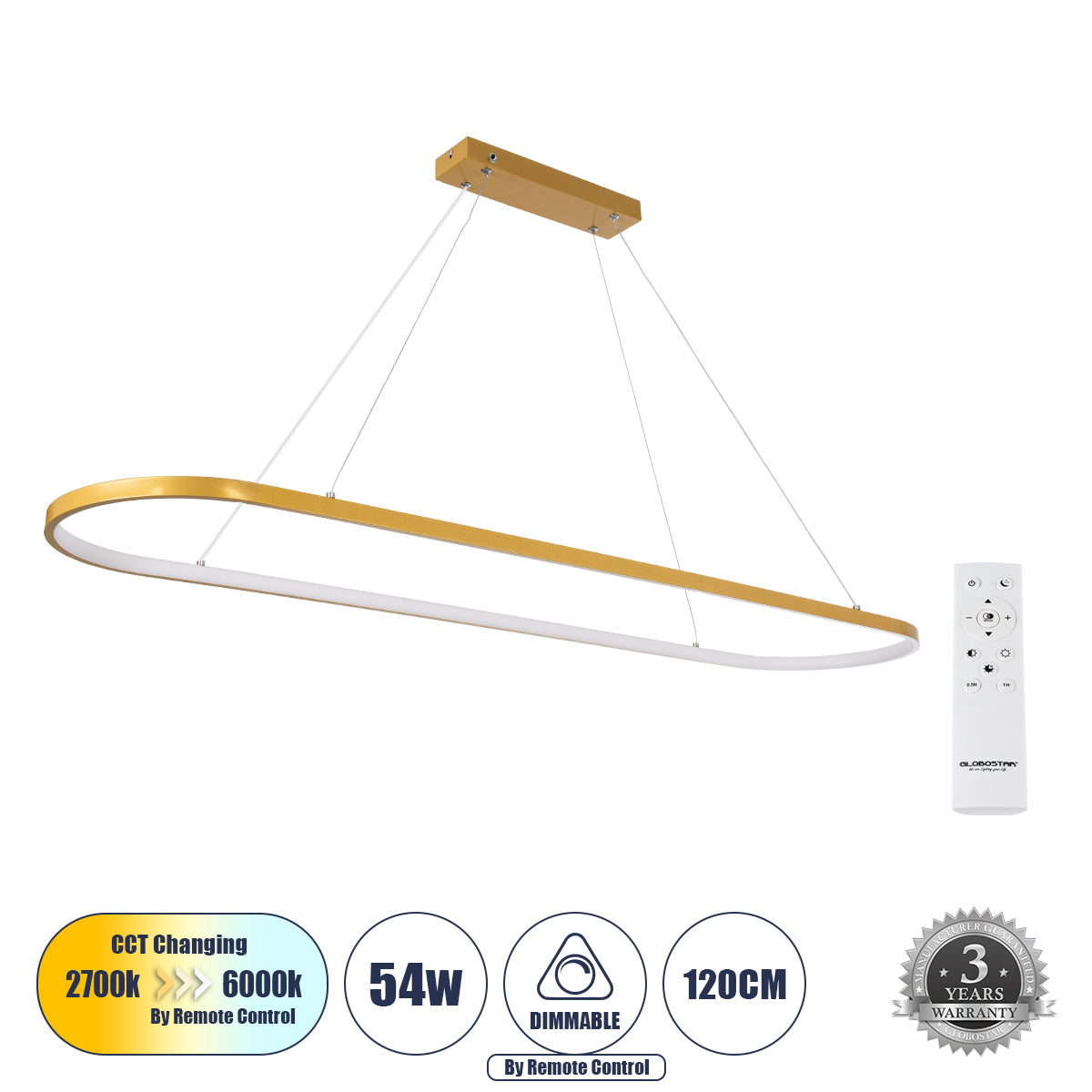 BOLIVAR 61274 Μοντέρνο Κρεμαστό Φωτιστικό Οροφής LED 54W 6210lm 360° AC 220-240V IP20 Ρυθμιζόμενο Λευκό CCT με Χειριστήριο από 2700K έως 6000K Dimmable - Lumileds SMD Chip - Χρυσό Βούρτσας - Μ120 x Π30 x Υ2