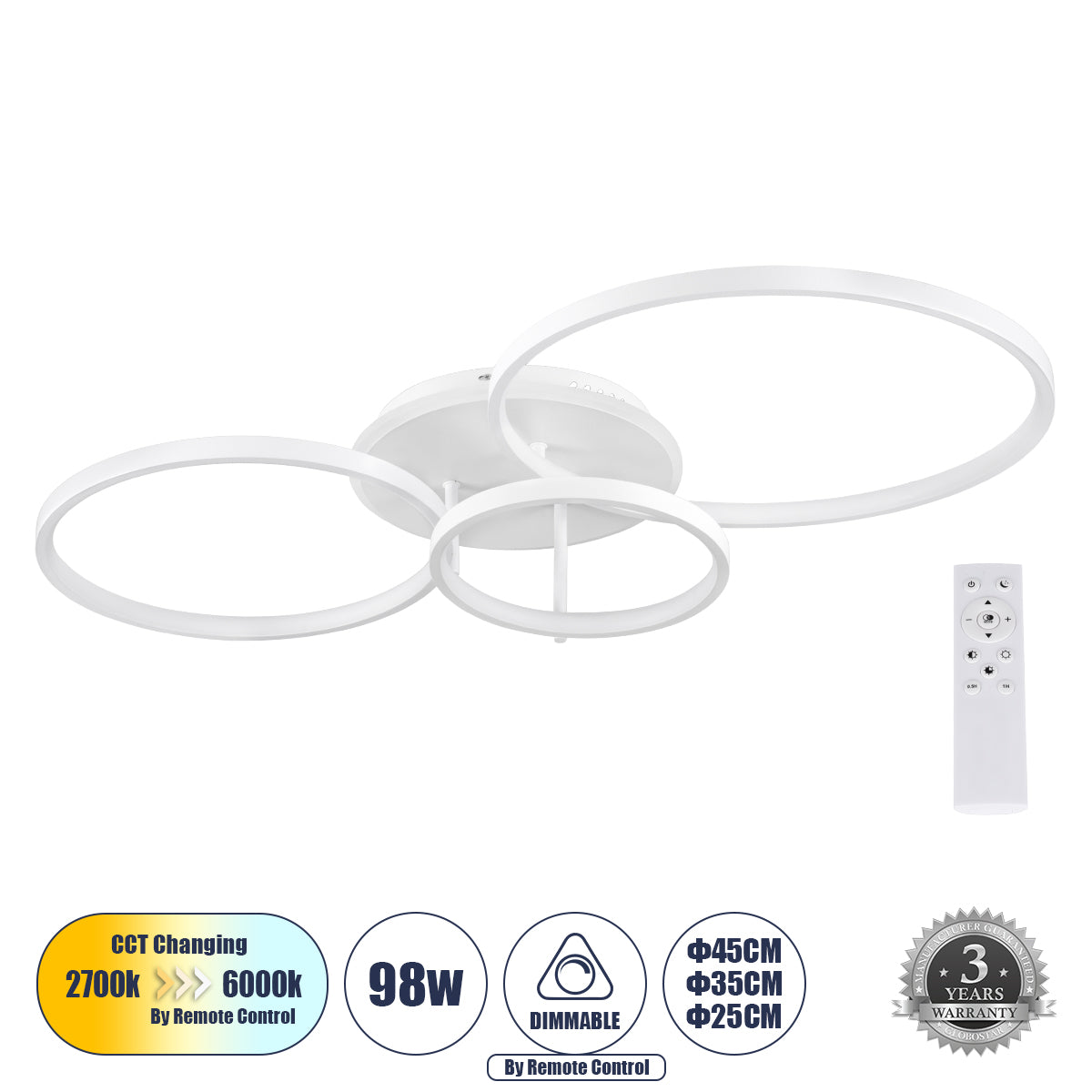 NEMESIS 61109 Φωτιστικό Οροφής Δαχτυλίδι-Κύκλος LED CCT 98W 11858lm 360° AC 220-240V - Εναλλαγή Φωτισμού μέσω Τηλεχειριστηρίου All In One Ψυχρό 6000k+Φυσικό 4500k+Θερμό 2700k Dimmable Φ25+35+45cm+BackLight - Λευκό