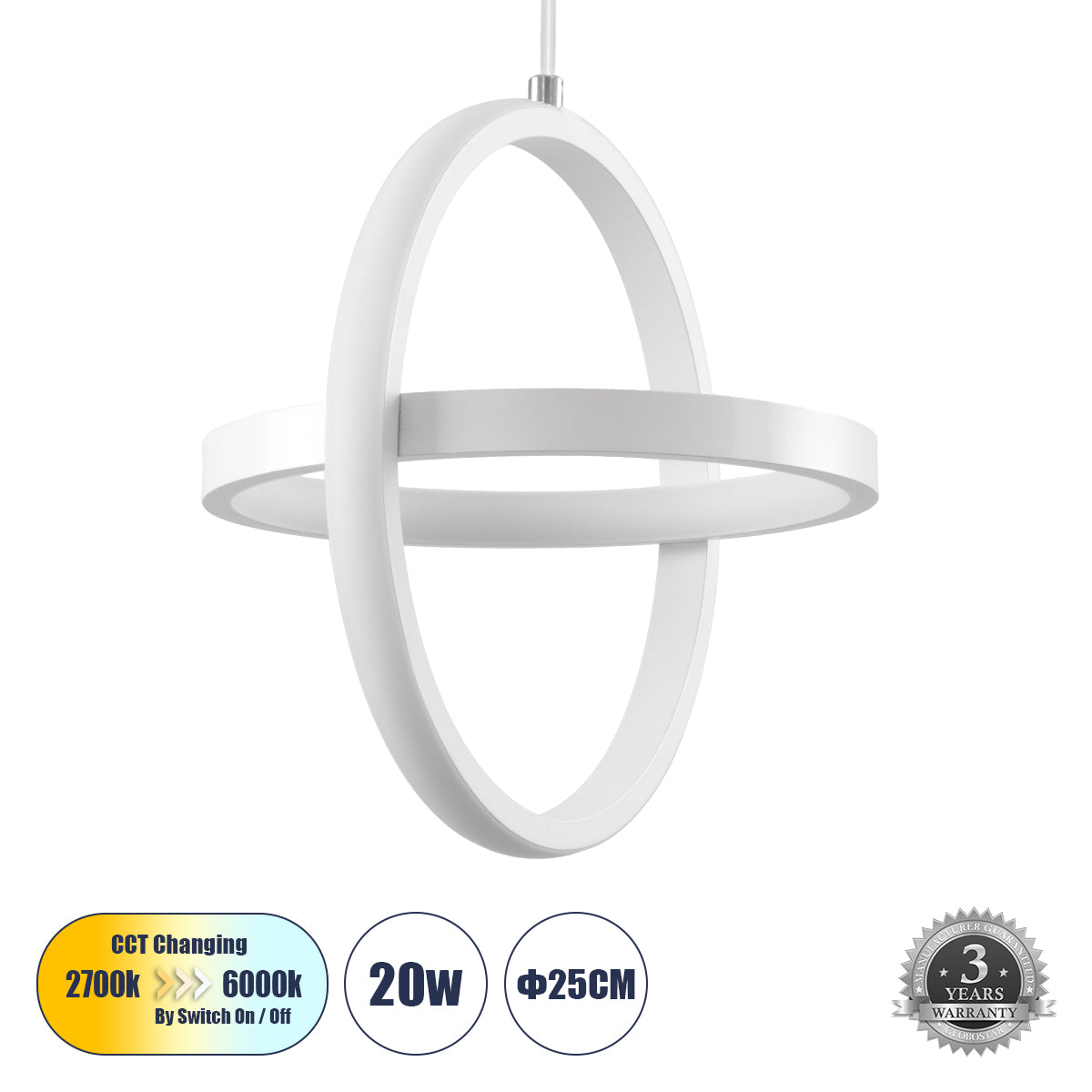 ALICE 61056 Κρεμαστό Φωτιστικό Οροφής Design LED CCT 20W 2400lm 300° AC 220-240V - Εναλλαγή Φωτισμού μέσω Διακόπτη On/Off All In One Ψυχρό 6000k+Φυσικό 4500k+Θερμό 2700k Μ25 x Π22 x Υ25cm - Λευκό