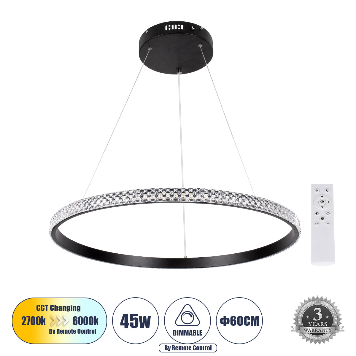 DIAMOND 61130 Μοντέρνο Κρεμαστό Φωτιστικό Οροφής LED 45W 5230lm 360° AC 220-240V IP20 Ρυθμιζόμενο Λευκό CCT με Χειριστήριο από 2700K έως 6000K Dimmable - Lumileds SMD Chip - Μαυρό Ματ - Μ60 x Π60 x Υ3