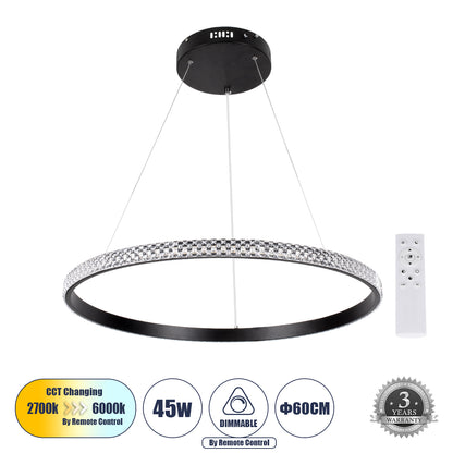 DIAMOND 61130 Μοντέρνο Κρεμαστό Φωτιστικό Οροφής LED 45W 5230lm 360° AC 220-240V IP20 Ρυθμιζόμενο Λευκό CCT με Χειριστήριο από 2700K έως 6000K Dimmable - Lumileds SMD Chip - Μαυρό Ματ - Μ60 x Π60 x Υ3
