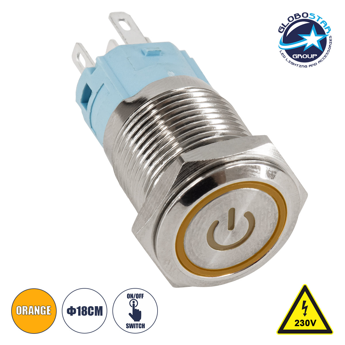 70774 LED Φωτιζόμενος Διακόπτης Χωνευτός - Μπουτόν On/Off Ανοξείδωτος AC 220-240V Αδιάβροχο IP67 Φ18mm με Angel Eye Πορτοκαλί