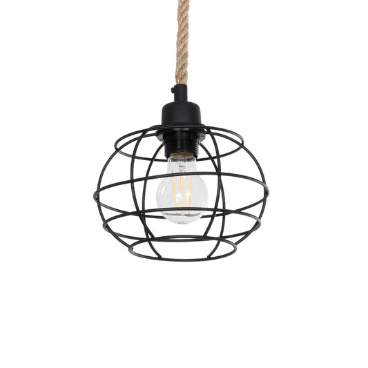 TALAH 203-0008 Vintage Κρεμαστό Φωτιστικό Σχοινί Μονόφωτο 1 x E27 IP20 Μαύρο Μέταλλο με Μπεζ Σχοινί - Μ14 x Π14 x Υ61.5cm