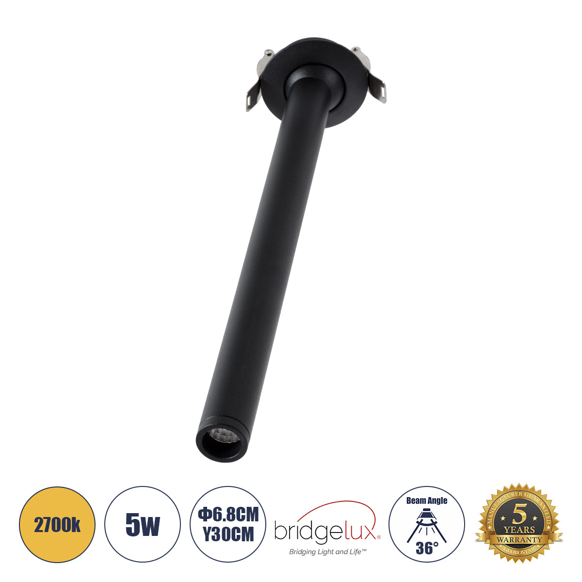 DALE 60373 Χωνευτό LED Κινούμενο Spot Downlight TrimLess Φ6.4cm 5W 500lm 36° AC 220-240V IP20 Φ6.4cm x Υ30cm - Στρόγγυλο - Μαύρο - Θερμό Λευκό 2700K - Bridgelux COB - TÜV Certified Driver