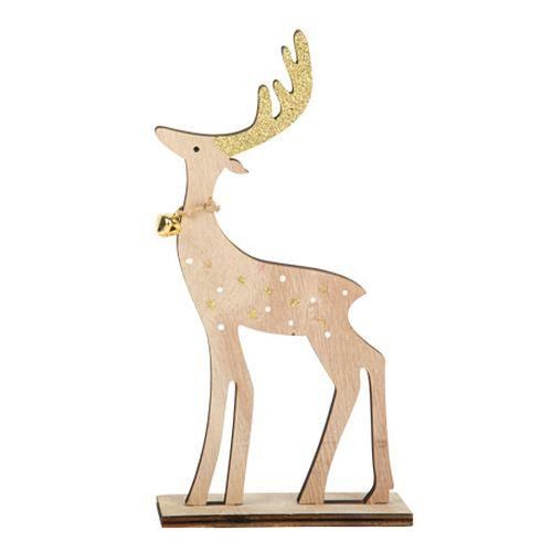 Τάρανδος σε Ξύλινη Βάση με Χρυσό Γκλίτερ και Κουδουνάκι 12x5x23