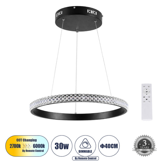 DIAMOND 61128 Κρεμαστό Φωτιστικό Δαχτυλίδι-Κύκλος LED CCT 30W 3513lm 360° AC 220-240V - Εναλλαγή Φωτισμού μέσω Τηλεχειριστηρίου All In One Ψυχρό 6000k+Φυσικό 4500k+Θερμό 2700k Dimmable Φ40cm - Μαύρο