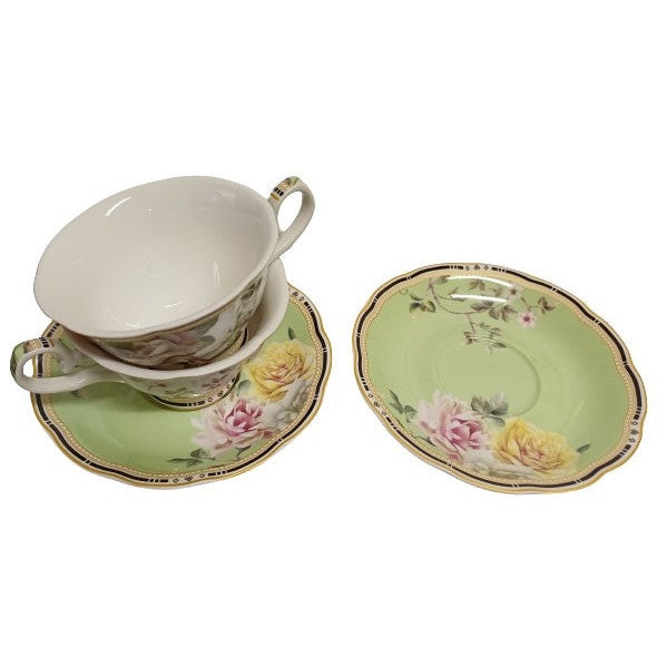 Σετ Φλυτζάνια Τσαγιού Πορσελάνης 2 Τεμ Green Yellow Flowers 8.5x15εκ