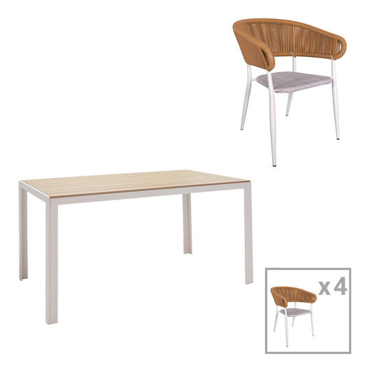 Τραπεζαρία Nares - Raven A Σετ 5 Τεμ Λευκό Αλουμίνιο και Plywood σε Φυσική Απόχρωση 140x80x72.5