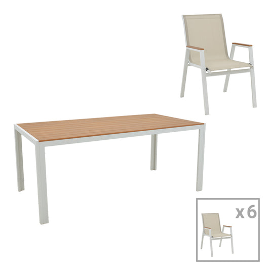 Τραπεζαρία Nares-Azelie B Σετ 7 Τεμ Λευκό Αλουμίνιο και Plywood σε Φυσική Απόχρωση 180x90x72.5