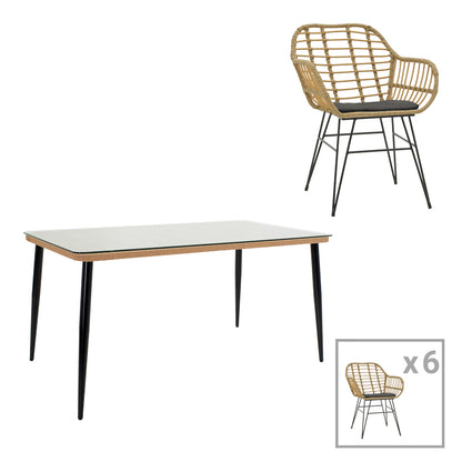 Τραπεζαρία Naoki Χ Σετ 7 Τεμ Rattan PE σε Φυσική Απόχρωση και Μαύρο Μέταλλο 160x90x78