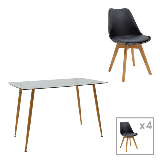 Τραπεζαρία Chloe-Gaston Σετ 5 Τεμ Γυάλινο 8χιλ Ανθρακί - Πόδι Φυσικό 120x70x75