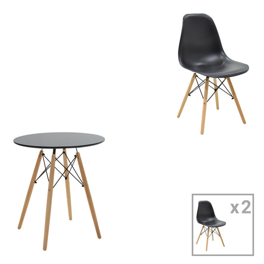 Julita Dining Table Set of 3 MDF Black-Beech Wood in Natural Shade Φ60x73