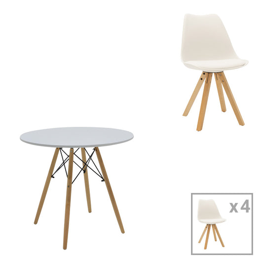 Τραπεζαρία Julita-Caron Σετ 5 Τεμ MDF Λευκό-Πόδια Φυσικό Φ80x73