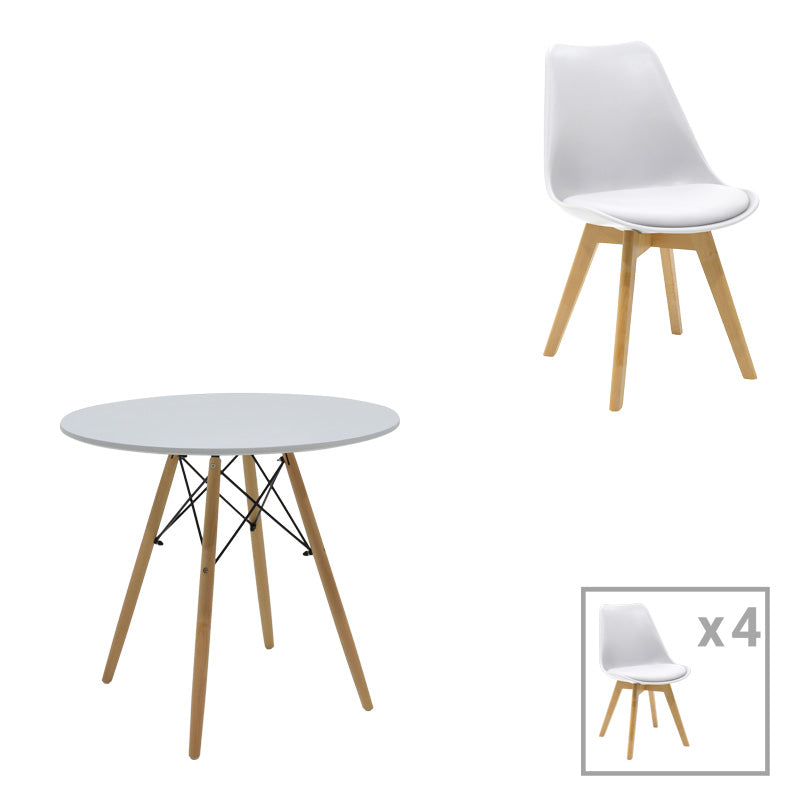 Τραπεζαρία Julita-Gaston Σετ 5 Τεμ MDF και Ξύλο Οξιάς σε Λευκή-Φυσική Απόχρωση Φ80x73