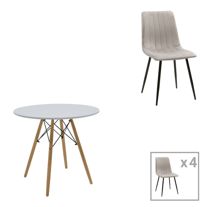 Τραπεζαρία Julita-Noor Σετ 5 Τεμ MDF Λευκό-Γκρι-Πόδια Φυσικό Φ80x73