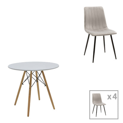 Τραπεζαρία Julita-Noor Σετ 5 Τεμ MDF Λευκό-Γκρι-Πόδια Φυσικό Φ80x73