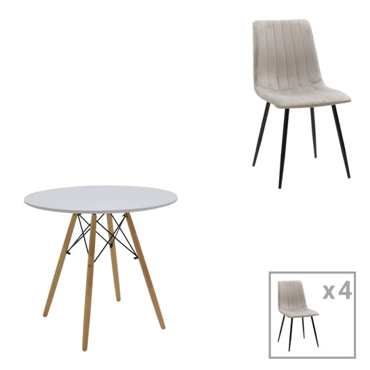 Τραπεζαρία Julita-Noor Σετ 5 Τεμ MDF Λευκό-Γκρι-Πόδια Φυσικό Φ80x73