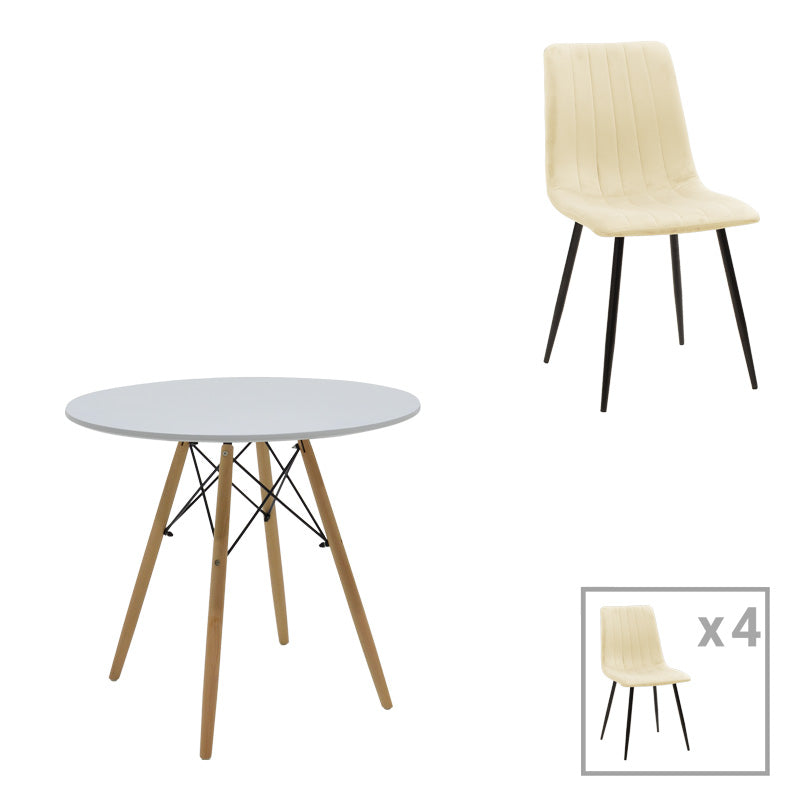 Τραπεζαρία Julita-Noor Σετ 5 Τεμ MDF Λευκό-Μπεζ Ύφασμα Φ80x73