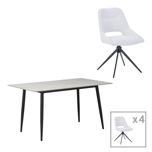 Τραπεζαρία Gustas-Luciano I Σετ 5 Τεμ Λευκό Μαρμάρου Sintered Stone-Μαύρο Μέταλλο 120x60x75