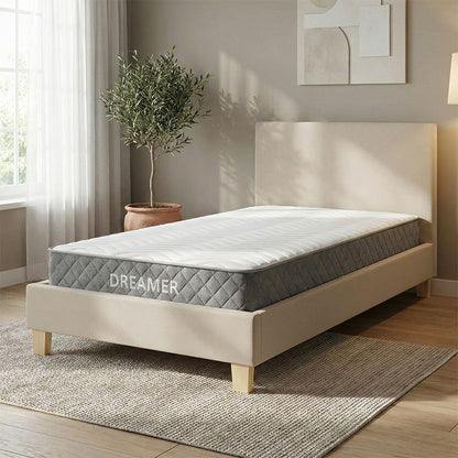 Κρεβάτι με Στρώμα Nevil-Dreamer Ύφασμα Μπεζ-Ξύλινο Πόδι σε Φυσική Απόχρωση 100x200εκ