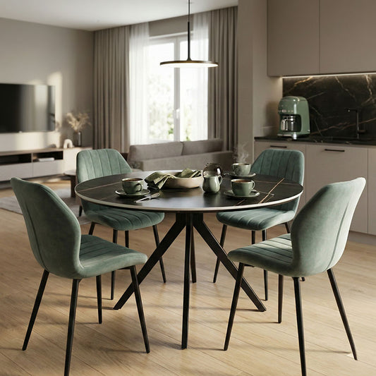 Τραπεζαρία με Καρέκλες Jelour Φυστικί και Τραπέζι Orbital Μαύρο Φ120x76 Σετ 5 Τεμ.