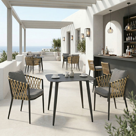 Τραπεζαρία Peluxe-Vista Σετ 3 Τεμ Ανθρακί Αλουμίνιο με PE Σχοινί σε Φυσική Απόχρωση και Μαξιλάρια 80x80x72