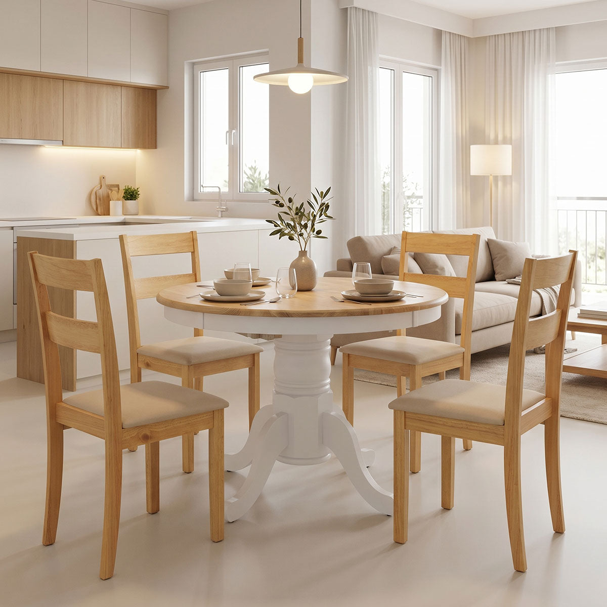 Τραπεζαρία Dallan-Lars 5 Τεμ Λευκό με Φυσική Απόχρωση Rubberwood Φ100(+38)x100x75