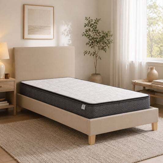 Bed with Mattress Nevil-Perfecto Ecru Fabric-Wooden Leg in Natural Shade 100x200cm