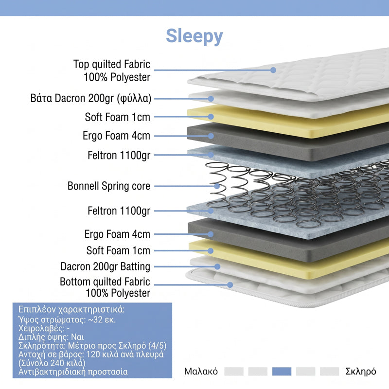 Κρεβάτι με Στρώμα Athos-Sleepy Sonoma Ανθρακί 160x200εκ
