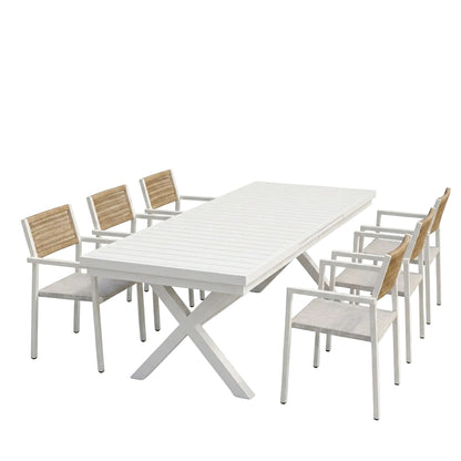 Τραπεζαρία Dagyn-Savor Σετ 7 Τεμ Λευκό Αλουμίνιο με Textline PE Rattan σε Φυσική Απόχρωση 180-240x90x76