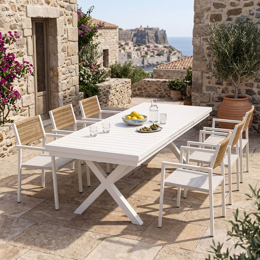 Τραπεζαρία Dagyn-Savor Σετ 7 Τεμ Λευκό Αλουμίνιο με Textline PE Rattan σε Φυσική Απόχρωση 180-240x90x76