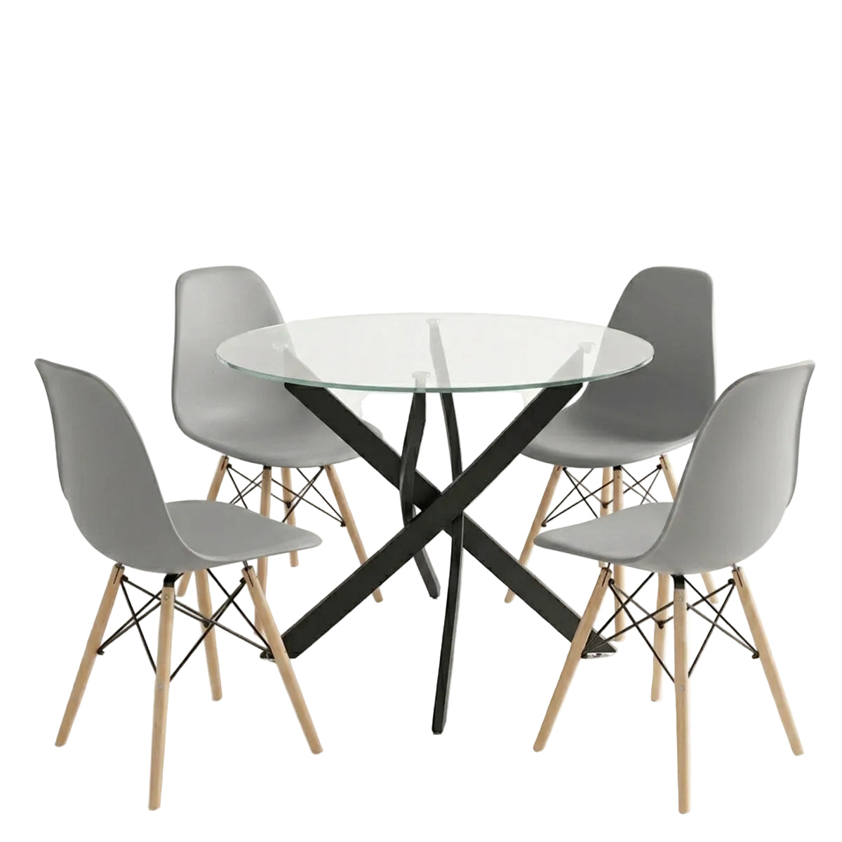 Dining Room with Julita Grey Chairs and Antoro Glass Table with Black Metal Φ80x75 5 Pieces Set